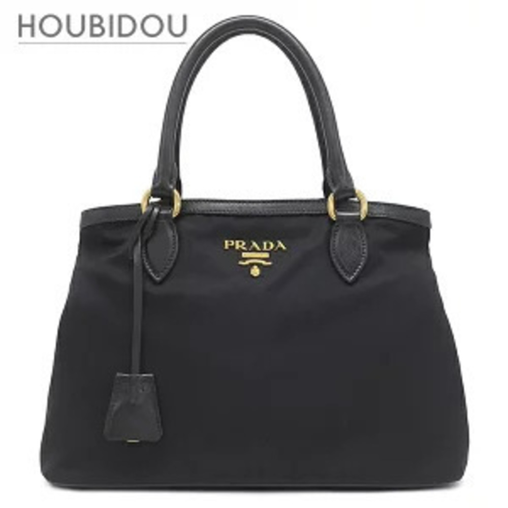 Prada Bag Plate Leather NERO Black Handbag Shoulder Tessuto